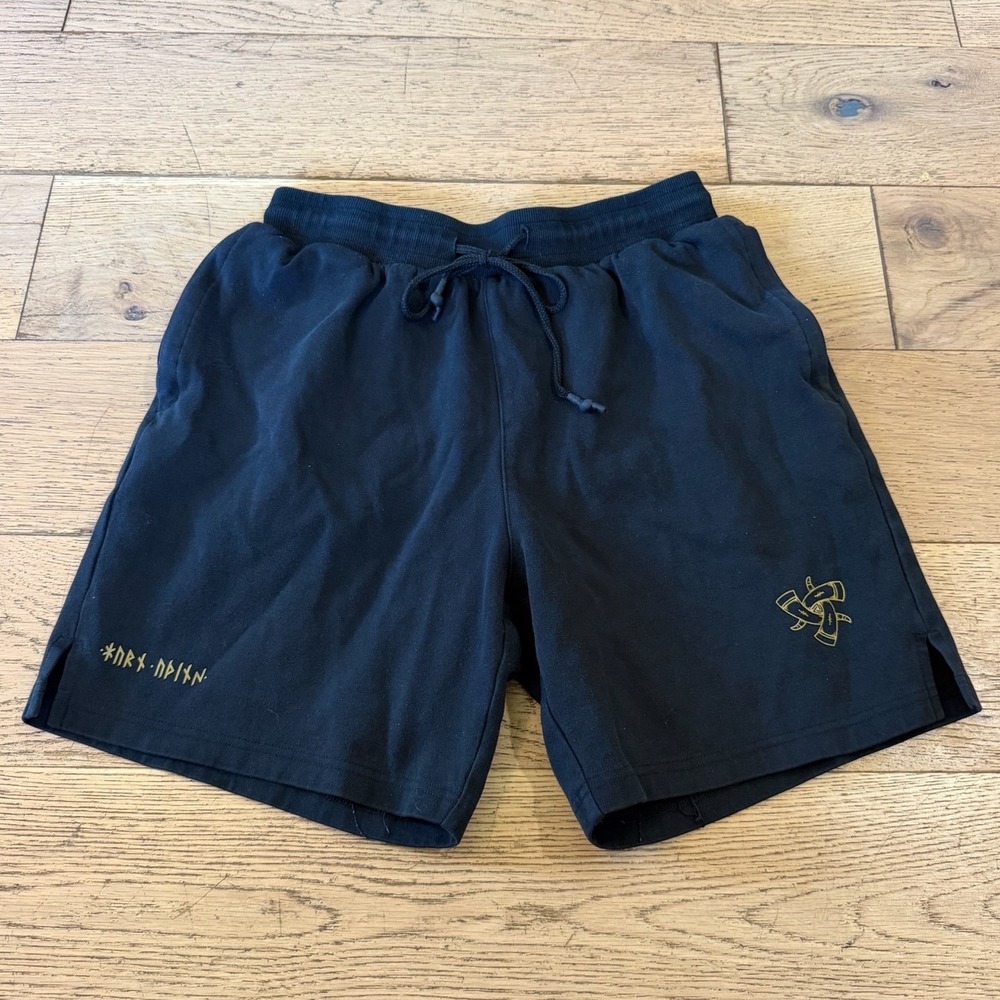 Horns of Odin Viking Sweat Shorts M Black Excellent Runic Graphic (2145)